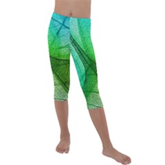 Sunlight Filtering Through Transparent Leaves Green Blue Kids  Lightweight Velour Capri Leggings  by Ket1n9