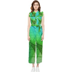 Sunlight Filtering Through Transparent Leaves Green Blue Women s Frill Top Chiffon Jumpsuit by Ket1n9