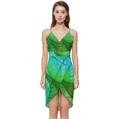 Sunlight Filtering Through Transparent Leaves Green Blue Wrap Frill Dress