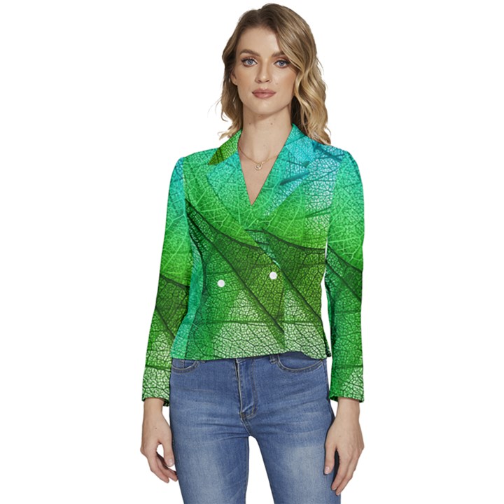 Sunlight Filtering Through Transparent Leaves Green Blue Women s Long Sleeve Revers Collar Cropped Jacket