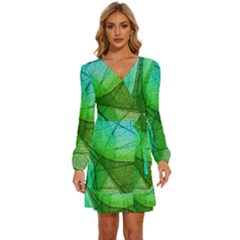 Sunlight Filtering Through Transparent Leaves Green Blue Long Sleeve Waist Tie Ruffle Velvet Dress by Ket1n9