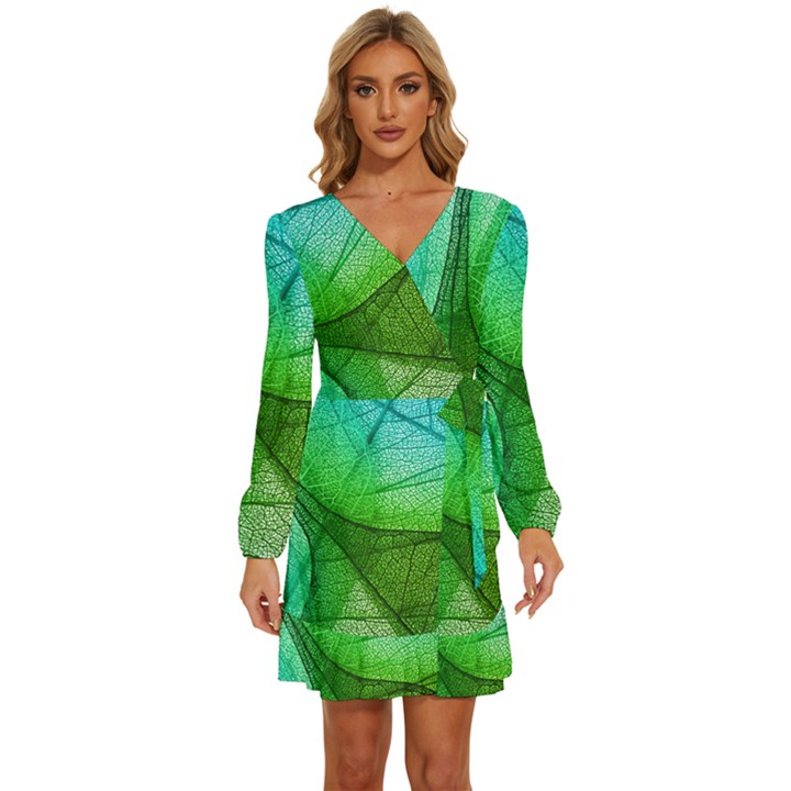 Sunlight Filtering Through Transparent Leaves Green Blue Long Sleeve Waist Tie Ruffle Velvet Dress