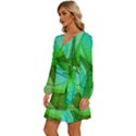 Sunlight Filtering Through Transparent Leaves Green Blue Long Sleeve Waist Tie Ruffle Velvet Dress View2