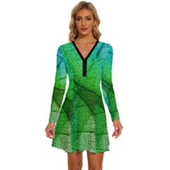 Sunlight Filtering Through Transparent Leaves Green Blue Long Sleeve Deep V Mini Dress  by Ket1n9