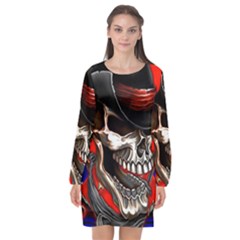 Confederate Flag Usa America United States Csa Civil War Rebel Dixie Military Poster Skull Long Sleeve Chiffon Shift Dress  by Ket1n9