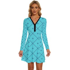 Pattern-background-texture Long Sleeve Deep V Mini Dress 