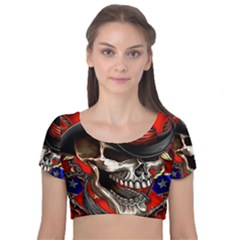 Confederate Flag Usa America United States Csa Civil War Rebel Dixie Military Poster Skull Velvet Short Sleeve Crop Top 