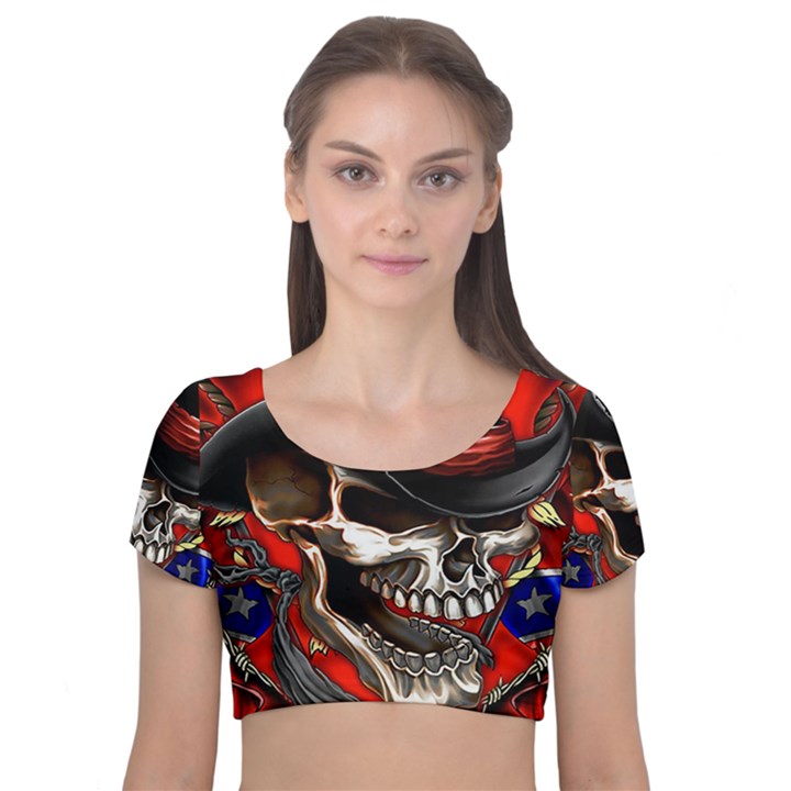 Confederate Flag Usa America United States Csa Civil War Rebel Dixie Military Poster Skull Velvet Short Sleeve Crop Top 