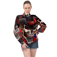 Confederate Flag Usa America United States Csa Civil War Rebel Dixie Military Poster Skull High Neck Long Sleeve Chiffon Top