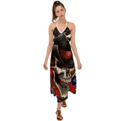 Confederate Flag Usa America United States Csa Civil War Rebel Dixie Military Poster Skull Halter Tie Back Dress  by Ket1n9