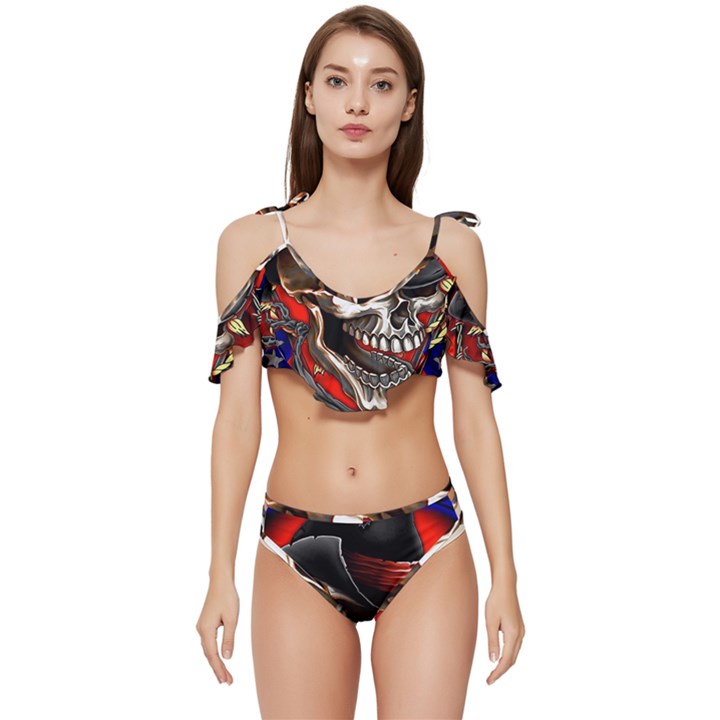 Confederate Flag Usa America United States Csa Civil War Rebel Dixie Military Poster Skull Ruffle Edge Tie Up Bikini Set	