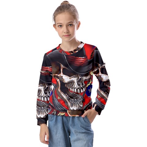 Confederate Flag Usa America United States Csa Civil War Rebel Dixie Military Poster Skull Kids  Long Sleeve T-shirt With Frill  by Ket1n9