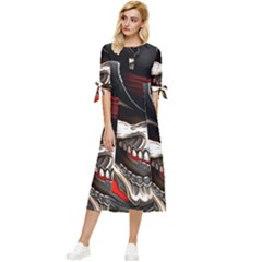 Confederate Flag Usa America United States Csa Civil War Rebel Dixie Military Poster Skull Bow Sleeve Chiffon Midi Dress