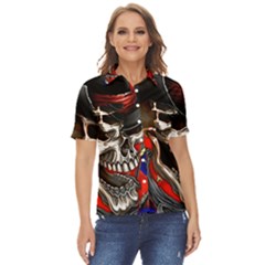 Confederate Flag Usa America United States Csa Civil War Rebel Dixie Military Poster Skull Women s Short Sleeve Double Pocket Shirt