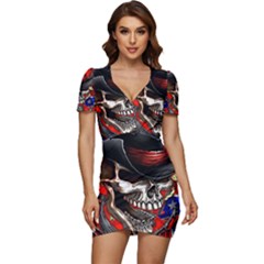 Confederate Flag Usa America United States Csa Civil War Rebel Dixie Military Poster Skull Low Cut Cap Sleeve Mini Dress