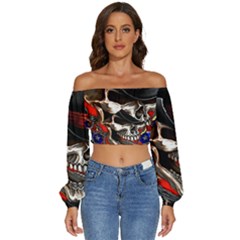 Confederate Flag Usa America United States Csa Civil War Rebel Dixie Military Poster Skull Long Sleeve Crinkled Weave Crop Top