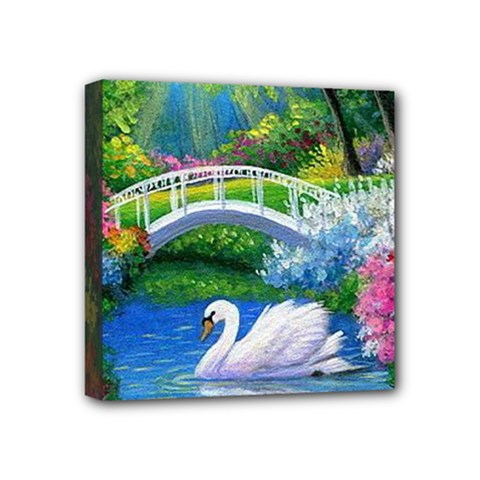 Swan Bird Spring Flowers Trees Lake Pond Landscape Original Aceo Painting Art Mini Canvas 4  X 4  (stretched) by Ket1n9