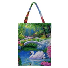 Swan Bird Spring Flowers Trees Lake Pond Landscape Original Aceo Painting Art Classic Tote Bag by Ket1n9