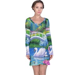 Swan Bird Spring Flowers Trees Lake Pond Landscape Original Aceo Painting Art Long Sleeve Nightdress by Ket1n9