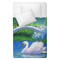 Swan Bird Spring Flowers Trees Lake Pond Landscape Original Aceo Painting Art Duvet Cover Double Side (single Size) by Ket1n9