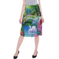 Swan Bird Spring Flowers Trees Lake Pond Landscape Original Aceo Painting Art Midi Beach Skirt by Ket1n9