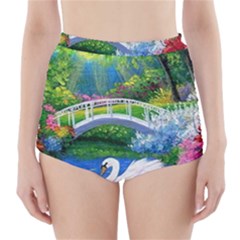 Swan Bird Spring Flowers Trees Lake Pond Landscape Original Aceo Painting Art High-waisted Bikini Bottoms by Ket1n9