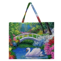 Swan Bird Spring Flowers Trees Lake Pond Landscape Original Aceo Painting Art Zipper Large Tote Bag by Ket1n9