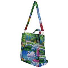 Swan Bird Spring Flowers Trees Lake Pond Landscape Original Aceo Painting Art Crossbody Backpack by Ket1n9