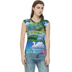 Swan Bird Spring Flowers Trees Lake Pond Landscape Original Aceo Painting Art Women s Raglan Cap Sleeve T-shirt by Ket1n9