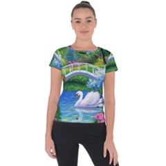 Swan Bird Spring Flowers Trees Lake Pond Landscape Original Aceo Painting Art Short Sleeve Sports Top  by Ket1n9