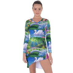 Swan Bird Spring Flowers Trees Lake Pond Landscape Original Aceo Painting Art Asymmetric Cut-out Shift Dress by Ket1n9