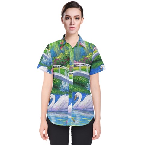 Swan Bird Spring Flowers Trees Lake Pond Landscape Original Aceo Painting Art Women s Short Sleeve Shirt by Ket1n9