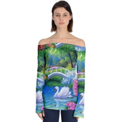 Swan Bird Spring Flowers Trees Lake Pond Landscape Original Aceo Painting Art Off Shoulder Long Sleeve Top by Ket1n9