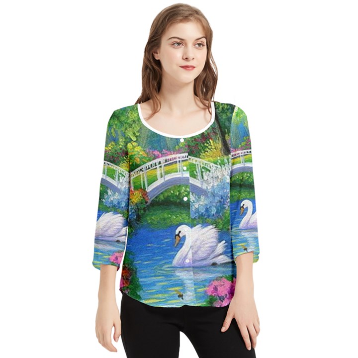 Swan Bird Spring Flowers Trees Lake Pond Landscape Original Aceo Painting Art Chiffon Quarter Sleeve Blouse