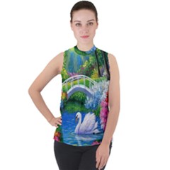 Swan Bird Spring Flowers Trees Lake Pond Landscape Original Aceo Painting Art Mock Neck Chiffon Sleeveless Top by Ket1n9