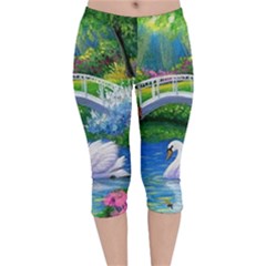 Swan Bird Spring Flowers Trees Lake Pond Landscape Original Aceo Painting Art Velvet Capri Leggings  by Ket1n9