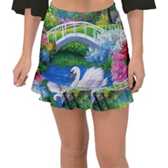 Swan Bird Spring Flowers Trees Lake Pond Landscape Original Aceo Painting Art Fishtail Mini Chiffon Skirt by Ket1n9