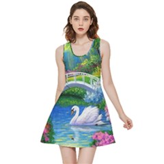 Swan Bird Spring Flowers Trees Lake Pond Landscape Original Aceo Painting Art Inside Out Reversible Sleeveless Dress by Ket1n9