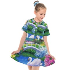 Swan Bird Spring Flowers Trees Lake Pond Landscape Original Aceo Painting Art Kids  Short Sleeve Shirt Dress by Ket1n9