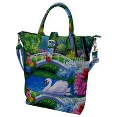 Swan Bird Spring Flowers Trees Lake Pond Landscape Original Aceo Painting Art Buckle Top Tote Bag by Ket1n9