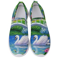 Swan Bird Spring Flowers Trees Lake Pond Landscape Original Aceo Painting Art Men s Slip On Sneakers by Ket1n9