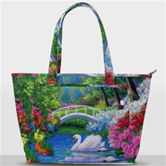 Swan Bird Spring Flowers Trees Lake Pond Landscape Original Aceo Painting Art Back Pocket Shoulder Bag  by Ket1n9