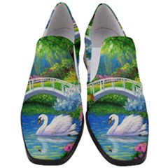 Swan Bird Spring Flowers Trees Lake Pond Landscape Original Aceo Painting Art Women Slip On Heel Loafers by Ket1n9