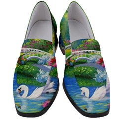 Swan Bird Spring Flowers Trees Lake Pond Landscape Original Aceo Painting Art Women s Chunky Heel Loafers by Ket1n9