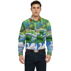 Swan Bird Spring Flowers Trees Lake Pond Landscape Original Aceo Painting Art Men s Long Sleeve Pocket Shirt  by Ket1n9