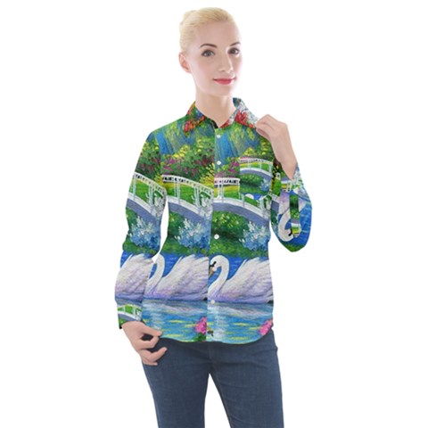 Swan Bird Spring Flowers Trees Lake Pond Landscape Original Aceo Painting Art Women s Long Sleeve Pocket Shirt by Ket1n9