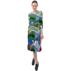 Swan Bird Spring Flowers Trees Lake Pond Landscape Original Aceo Painting Art Ruffle End Midi Chiffon Dress by Ket1n9