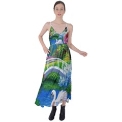 Swan Bird Spring Flowers Trees Lake Pond Landscape Original Aceo Painting Art Tie Back Maxi Dress by Ket1n9