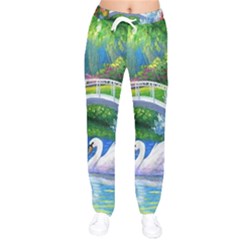 Swan Bird Spring Flowers Trees Lake Pond Landscape Original Aceo Painting Art Women Velvet Drawstring Pants by Ket1n9