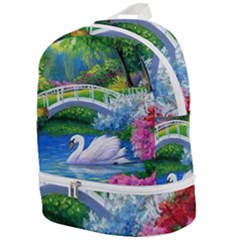 Swan Bird Spring Flowers Trees Lake Pond Landscape Original Aceo Painting Art Zip Bottom Backpack by Ket1n9